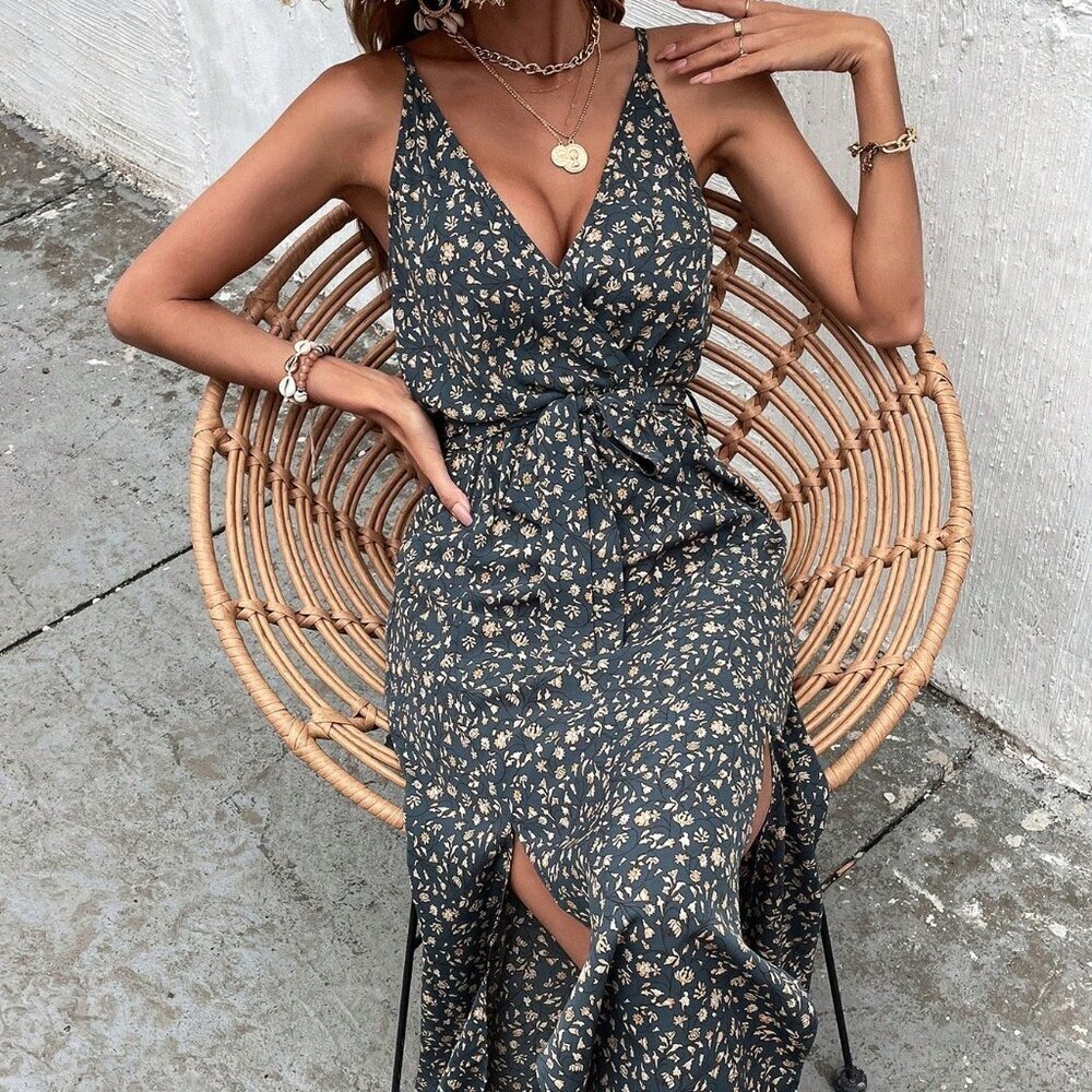 Dark Wash Boho Women's Floral Print Maxi Cami Dress with Double Side Slits - Picture 6 of 6